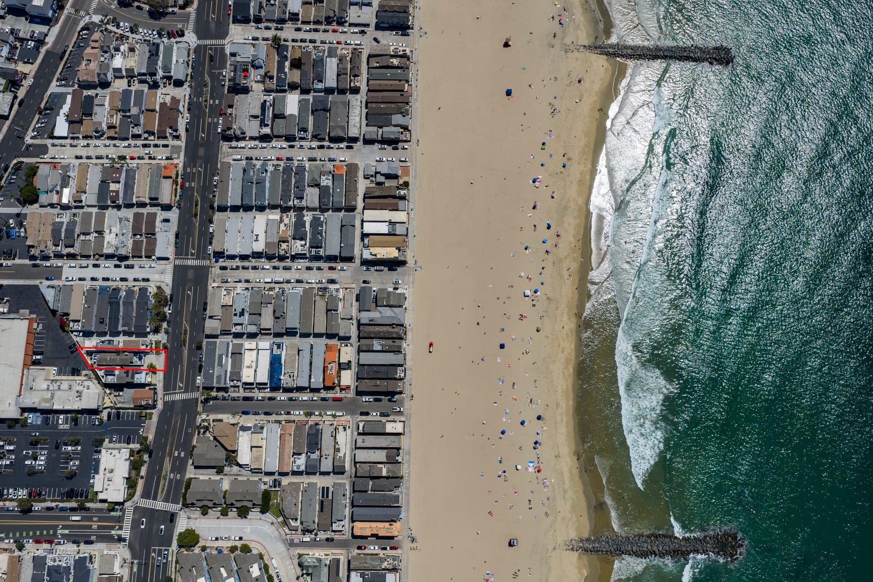 Overhead beach block view showing the property area near the sand