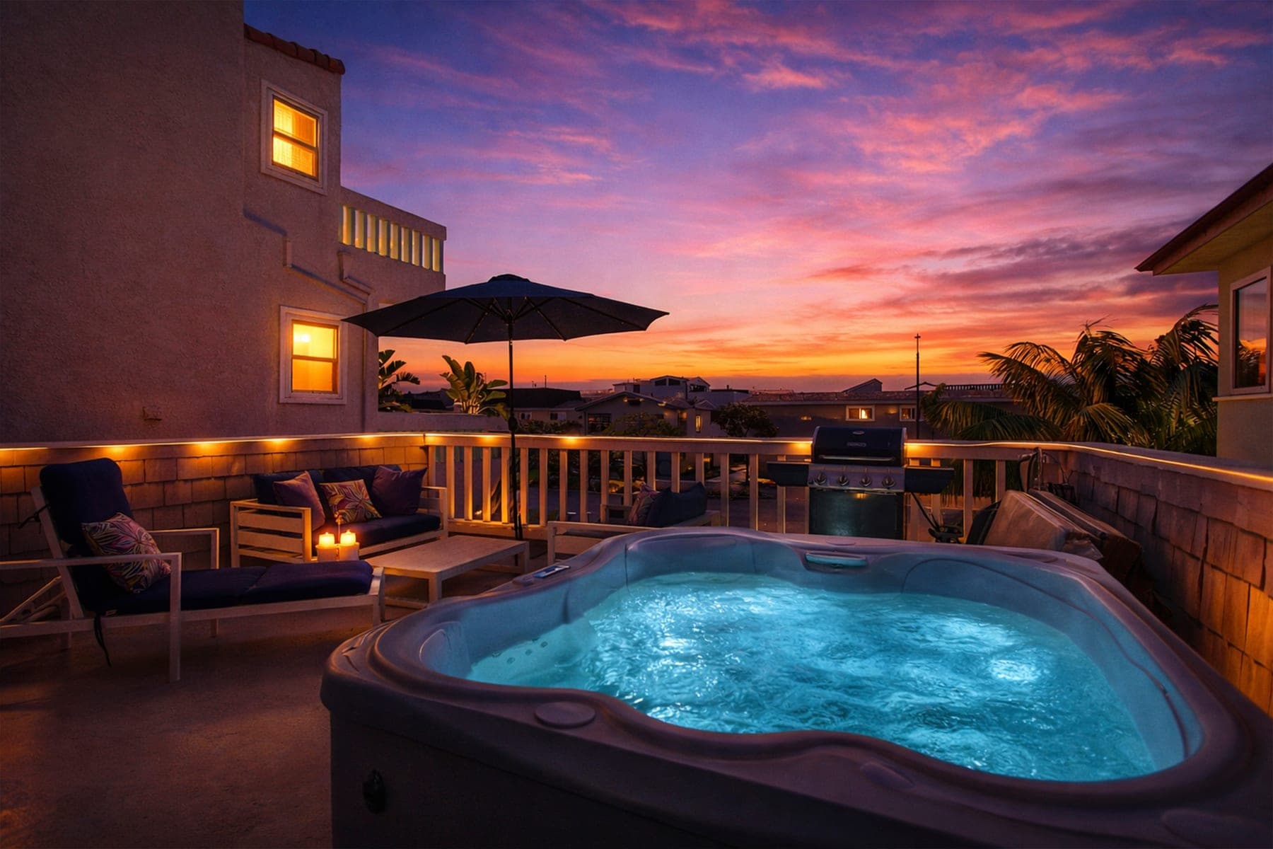 Twilight hot tub deck with glowing spa and sunset sky